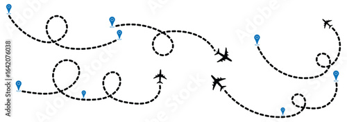 Travel Route Icon with Airplane and Location Pin. Airplane Plane routes line set. Planes dotted flight pathway. Airplane flight route with start and end point. eps 10