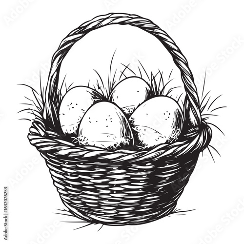 A charming vintage art silhouette of an easter basket filled with decorative patterned eggs ready for the holiday.