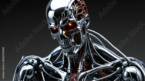 Chrome cyborg skull with glowing red eyes and exposed internal components on a dark background