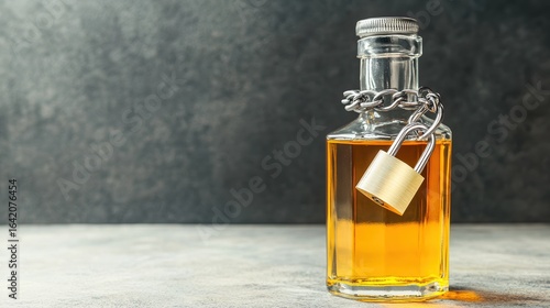 Wallpaper Mural This image depicts a glass bottle containing amber liquid, secured with a lock and chain, symbolizing restricted access or control, suitable for articles on safety, addiction, or preservation, Torontodigital.ca