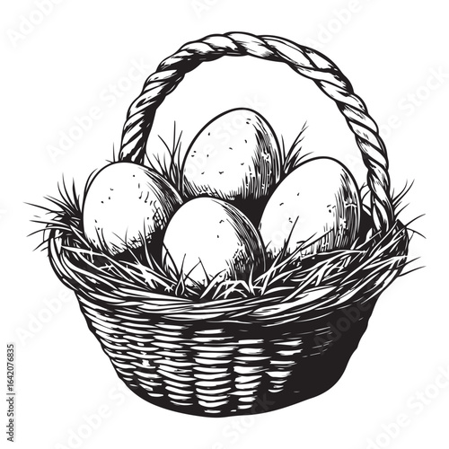 A charming vintage art silhouette of an easter basket filled with decorative patterned eggs ready for the holiday.