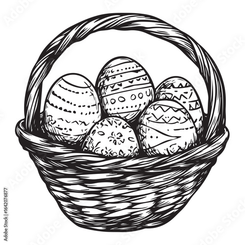A charming vintage art silhouette of an easter basket filled with decorative patterned eggs ready for the holiday.