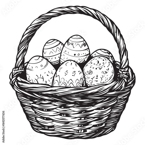 A charming vintage art silhouette of an easter basket filled with decorative patterned eggs ready for the holiday.