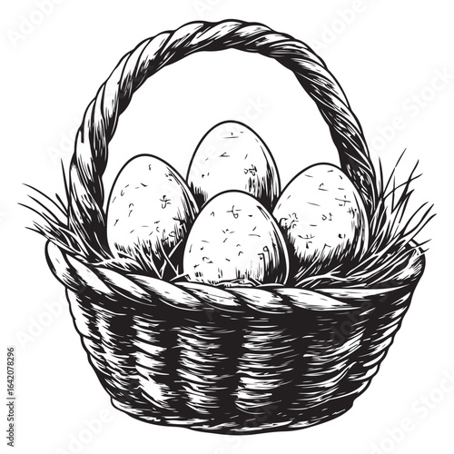 A charming vintage art silhouette of an easter basket filled with decorative patterned eggs ready for the holiday.