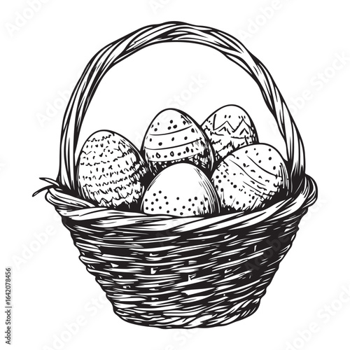 A charming vintage art silhouette of an easter basket filled with decorative patterned eggs ready for the holiday.