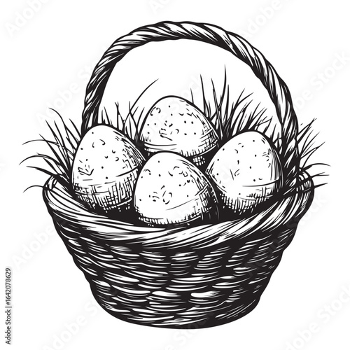 A charming vintage art silhouette of an easter basket filled with decorative patterned eggs ready for the holiday.