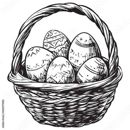 A charming vintage art silhouette of an easter basket filled with decorative patterned eggs ready for the holiday.
