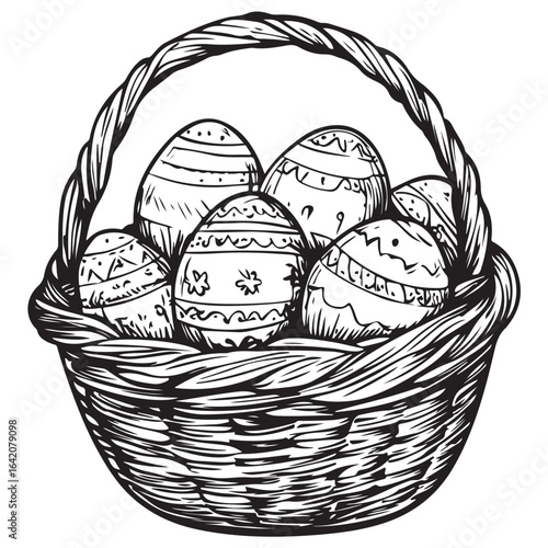 A charming vintage art silhouette of an easter basket filled with decorative patterned eggs ready for the holiday.