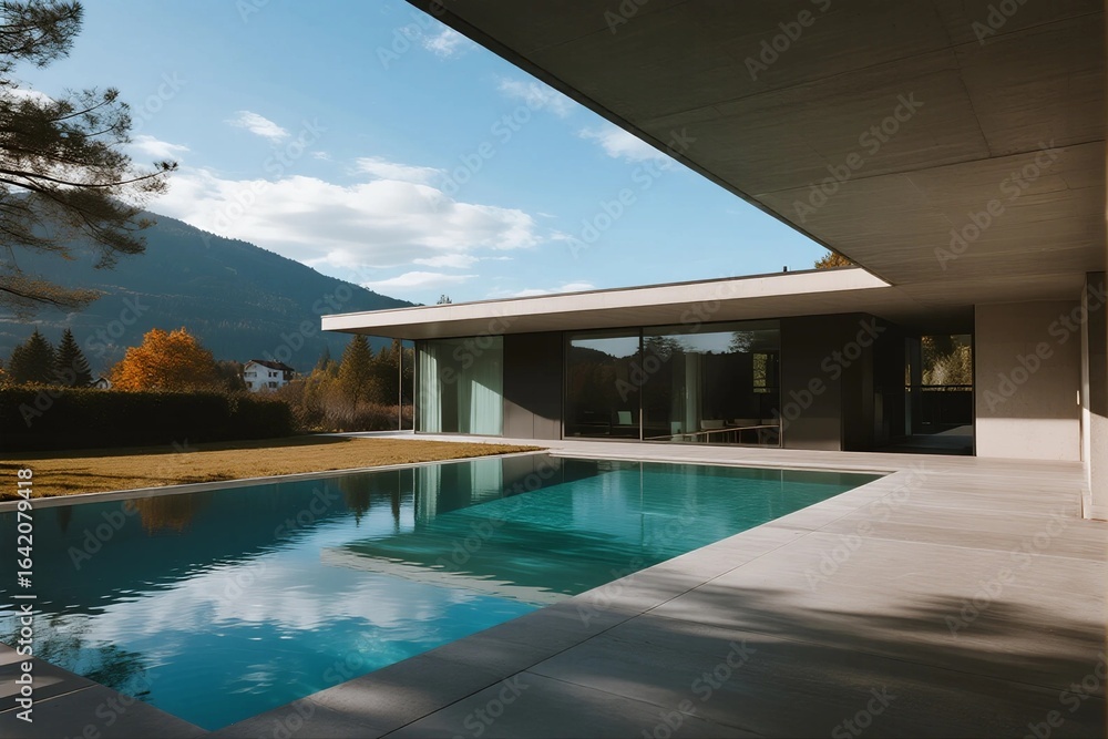 Fototapeta premium Modern minimalist house with infinity pool and mountain view
