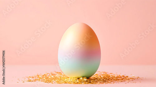 Pastel rainbow Easter egg on gold leaf flakes against a soft pink background