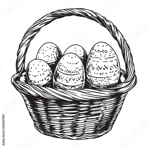 A charming vintage art silhouette of an easter basket filled with decorative patterned eggs ready for the holiday.