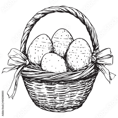 A charming vintage art silhouette of an easter basket filled with decorative patterned eggs ready for the holiday.