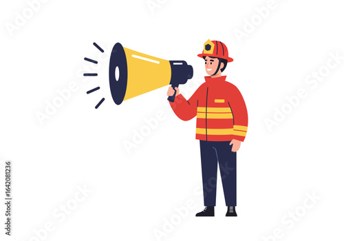 Firefighter with Megaphone Announcing Emergency Information