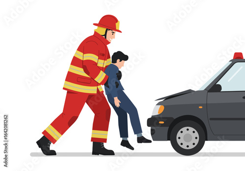 Firefighter Rescuing Injured Man from Car Accident Scene