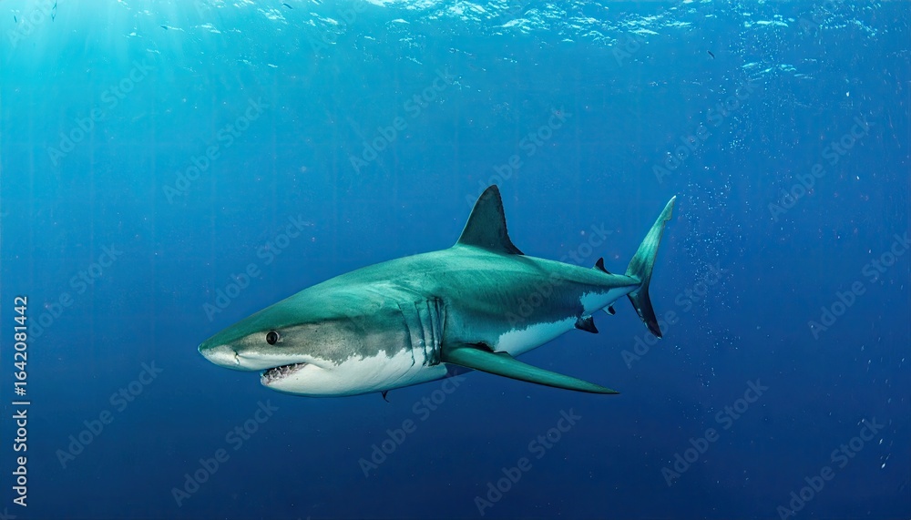 Fototapeta premium A great white shark swims in clear blue water, its body angled slightly downward.