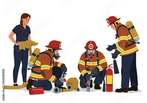 Firefighters Preparing Equipment with Nurse Assistance