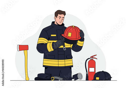 Firefighter Inspecting His Red Helmet Before Duty