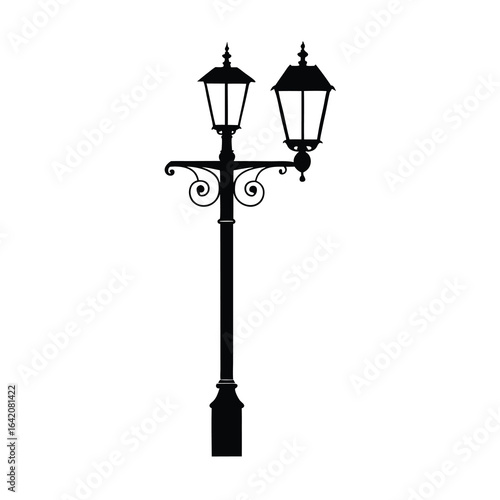 ornate vintage street lamp silhouette on white background