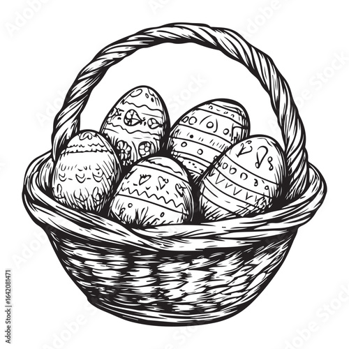 A charming vintage art silhouette of an easter basket filled with decorative patterned eggs ready for the holiday.
