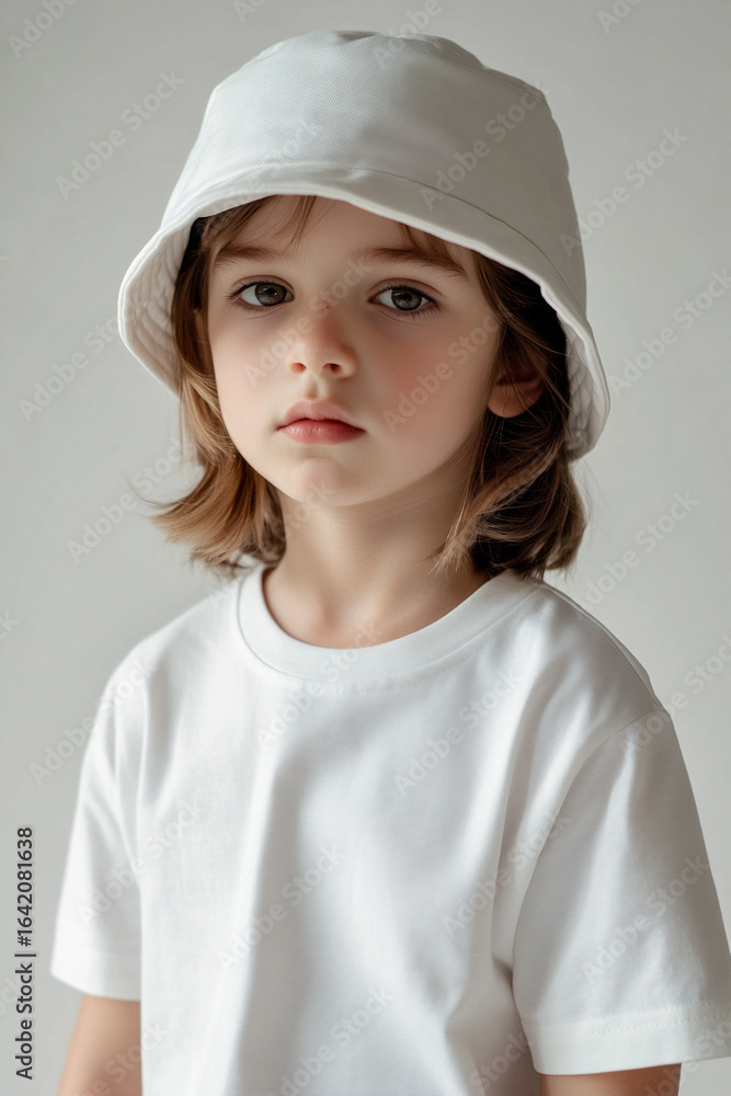 Child wearing white t-shirt and white bucket hat, facing forward. Clean fabric with no print, soft light, and neutral mockup background Child wearing white t-shirt and white bucket hat, facing forward. Clean fabric with no print, soft light, and neutral mockup background