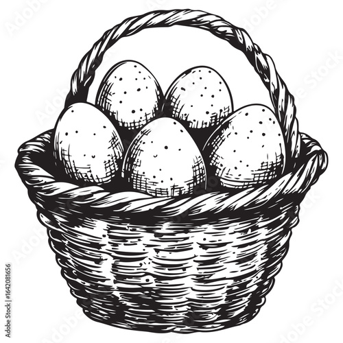 A charming vintage art silhouette of an easter basket filled with decorative patterned eggs ready for the holiday.