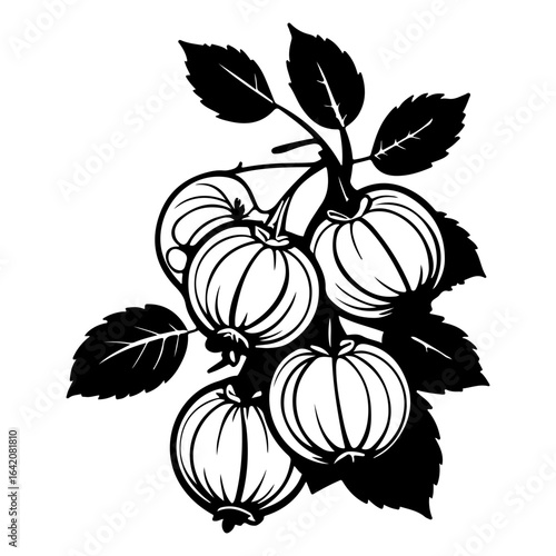 Monochrome artistic rendition of a cluster of stylized rose hips with leaves