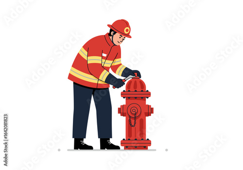 Firefighter operating a red fire hydrant with wrench.