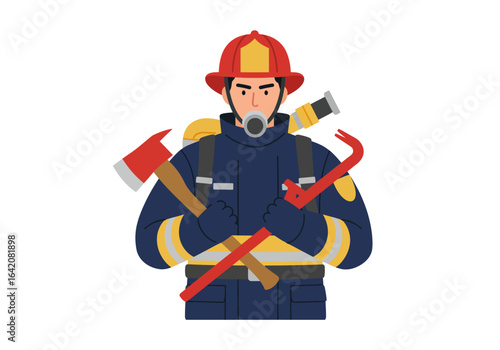 Firefighter with Axe and Crowbar in Uniform