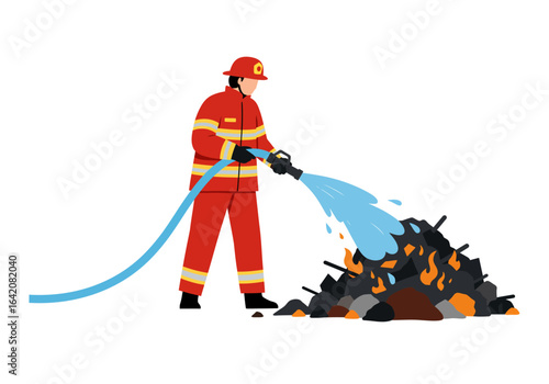 Firefighter Extinguishing Flames with Hose