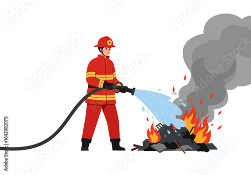 Firefighter Extinguishing Flames with Water Hose