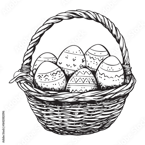 A charming vintage art silhouette of an easter basket filled with decorative patterned eggs ready for the holiday.