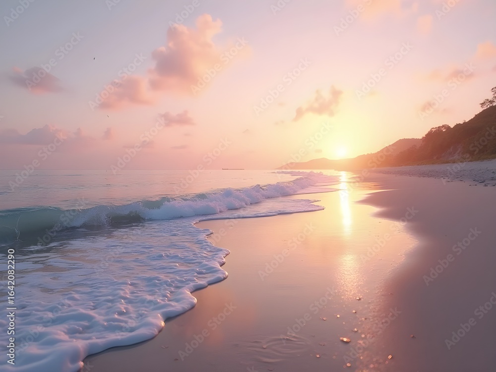 Fototapeta premium Gentle ocean waves at sunrise, golden sunlight reflecting on wet sand, pastel morning sky, scenic coastal landscape photography in ultra realistic high resolution detail