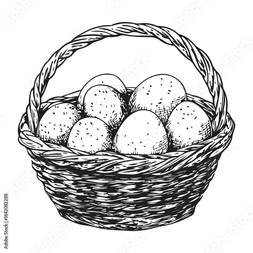A charming vintage art silhouette of an easter basket filled with decorative patterned eggs ready for the holiday.