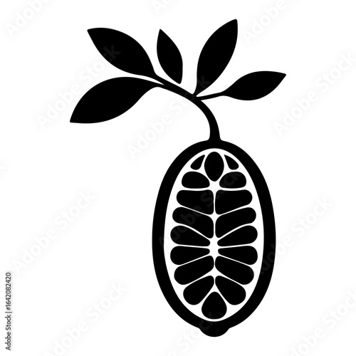 Stylized cocoa pod with leaves illustration, symbol of chocolate making process