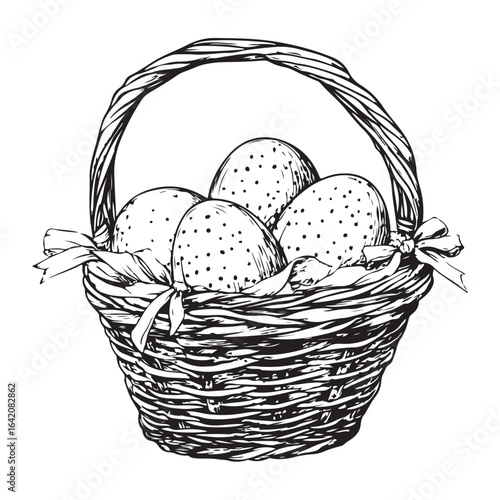 A charming vintage art silhouette of an easter basket filled with decorative patterned eggs ready for the holiday.