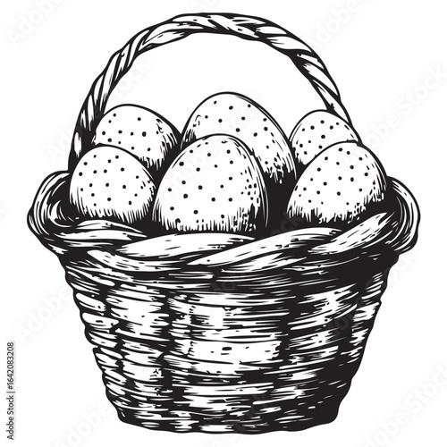 A charming vintage art silhouette of an easter basket filled with decorative patterned eggs ready for the holiday.