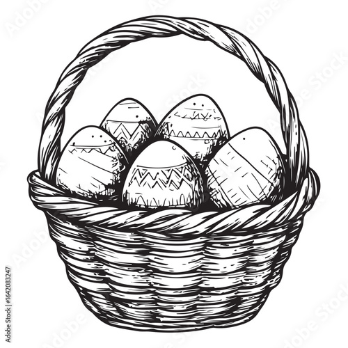 A charming vintage art silhouette of an easter basket filled with decorative patterned eggs ready for the holiday.