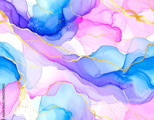 Abstract fluid art with flowing colors and gold lines