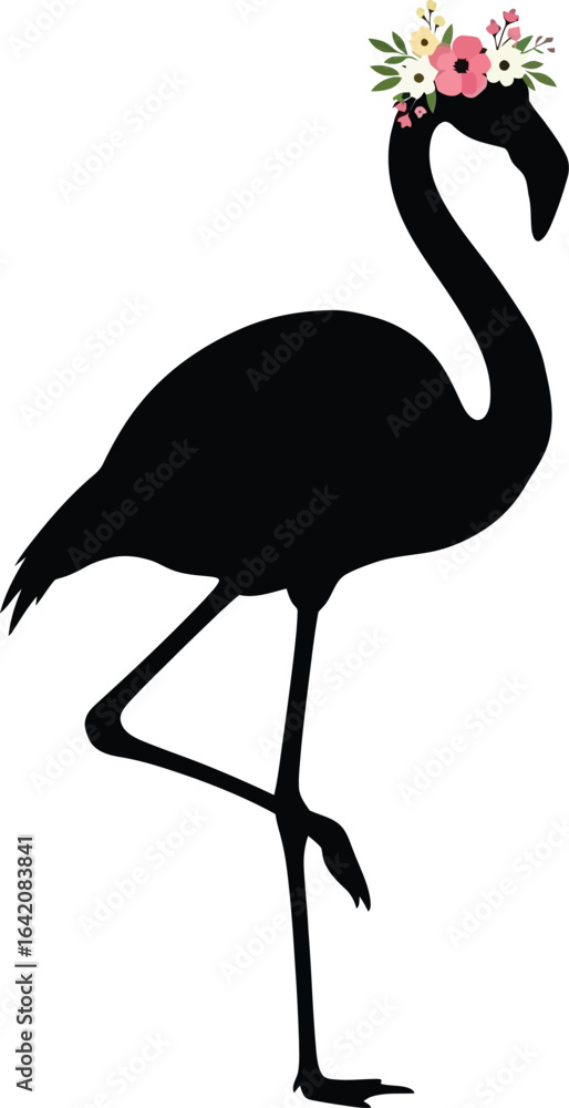 Fototapeta premium Elegant black flamingo silhouette wearing a delicate floral crown silhouette