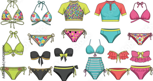 Assorted bikini tops and bottoms displayed in a variety of colors and styles on a white background