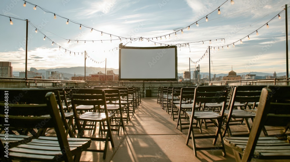 Fototapeta premium Rooftop Cinema Experience: Outdoor Movie Screening with Empty Seats and City Skyline at Sunset