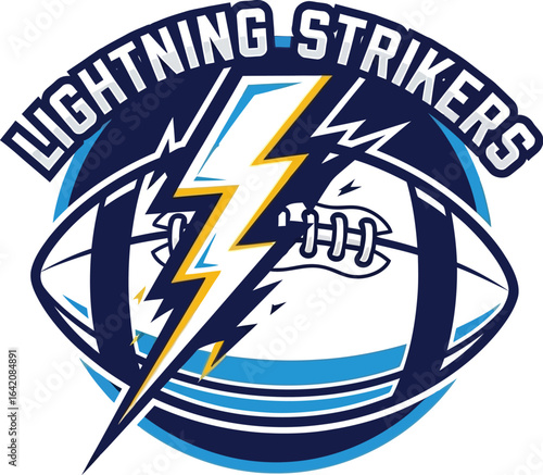 Lightning strikers logo featuring a football and a lightning bolt on a white background design