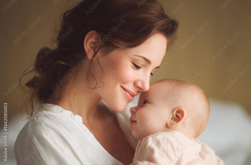 Loving Mother Cuddling Baby Girl with Soft Smiles Loving Mother Cuddling Baby Girl with Soft Smiles