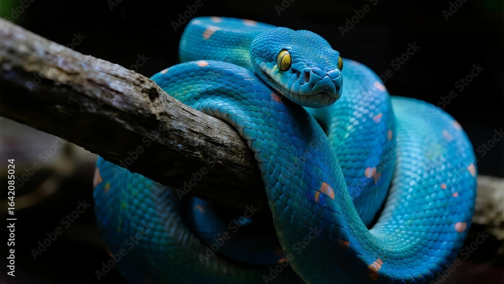 Fototapeta premium Blue Tree Python Coiled on Branch in Natural Setting