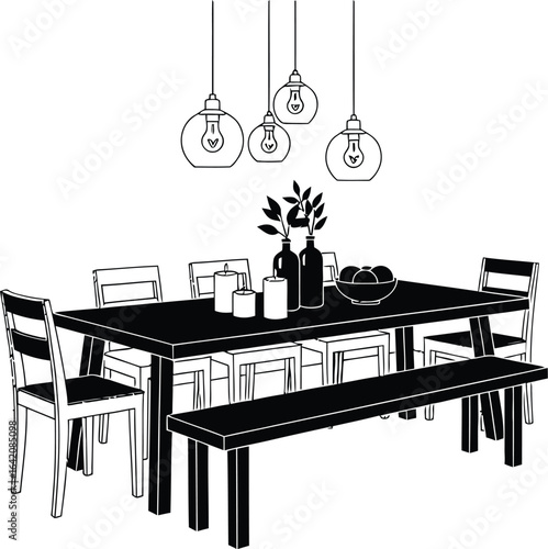 Dining room table and chairs interior design rendering
