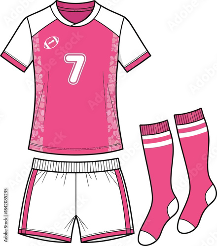 A pink and white uniform with a shirt shorts and socks displayed on a white background illustration
