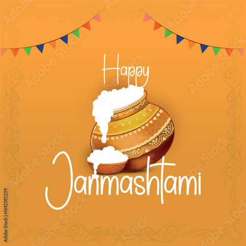 A vibrant, festive illustration for Krishna Janmashtami, featuring a traditional Dahi Handi pot overflowing with makhan (butter). Perfect for greeting cards, social media posts, or banners to celebrat