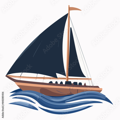 stylized sailboat cutting through gentle waves in navy hull with sand sails and wave caps svg vector on transparent srgb background for nautical design