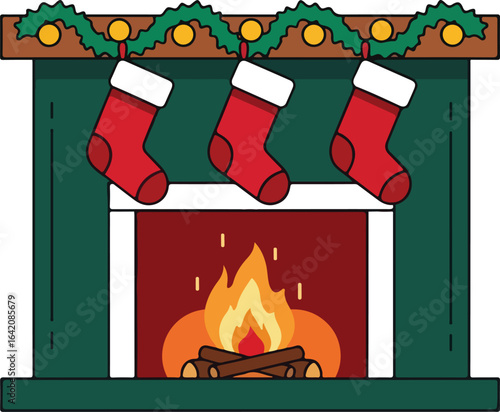Christmas Fireplace Vector with Red Stockings - Pure Flat Minimal Illustration