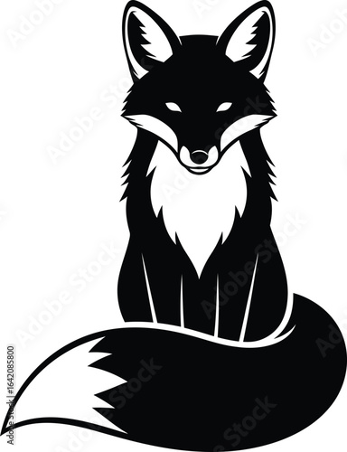 Black fox sitting with bushy tail silhouette